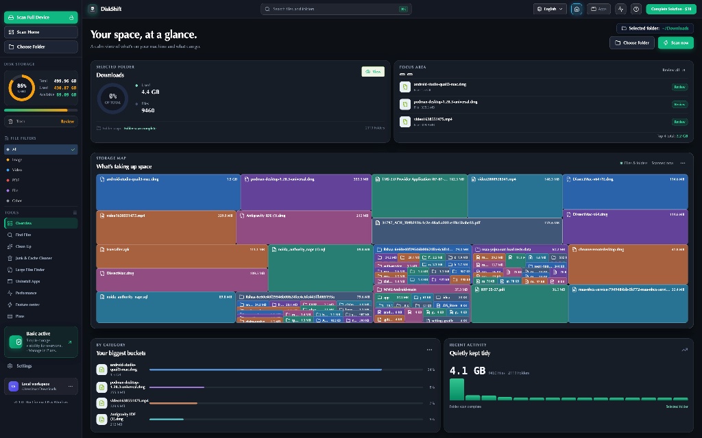 DiskShift Junk & Cache Cleaner UI